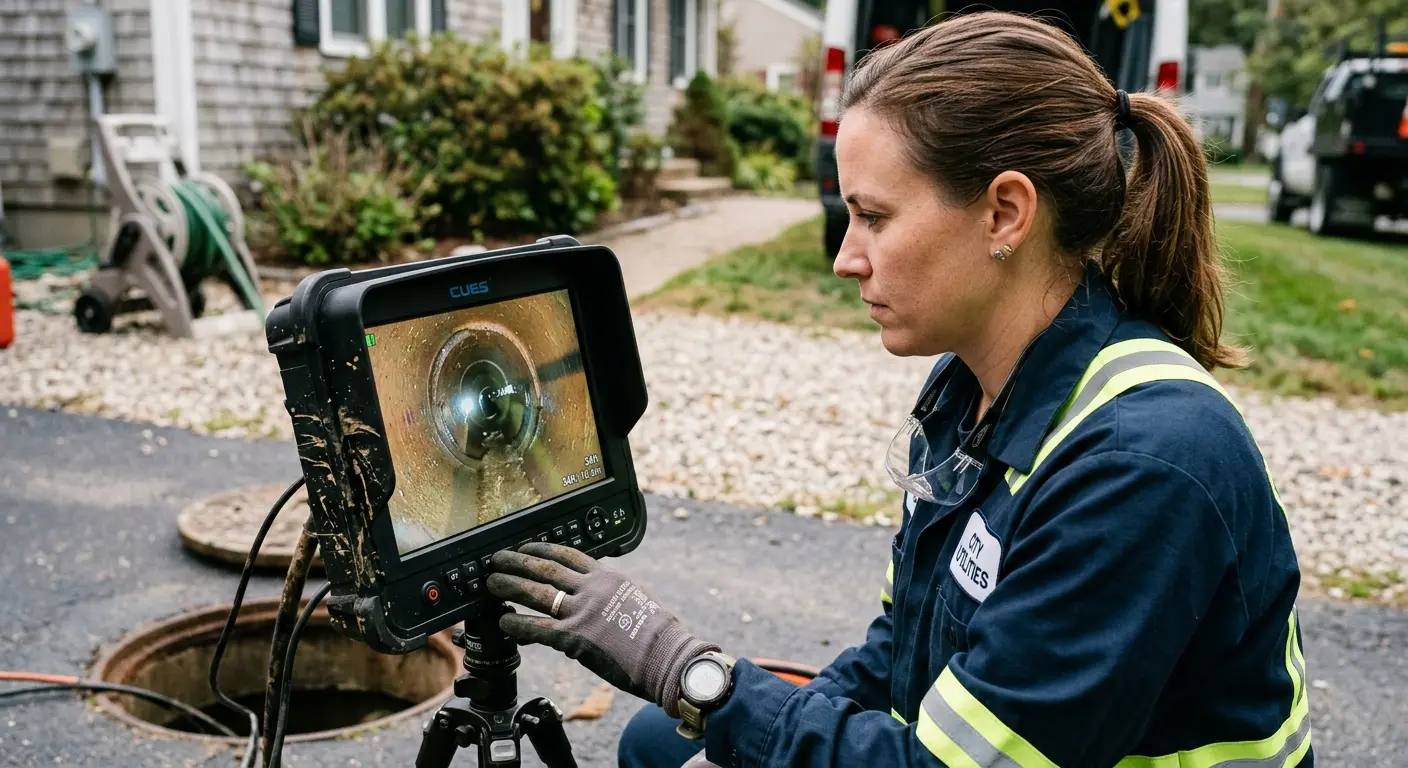 Technician reviewing sewer camera inspection footage in Republic