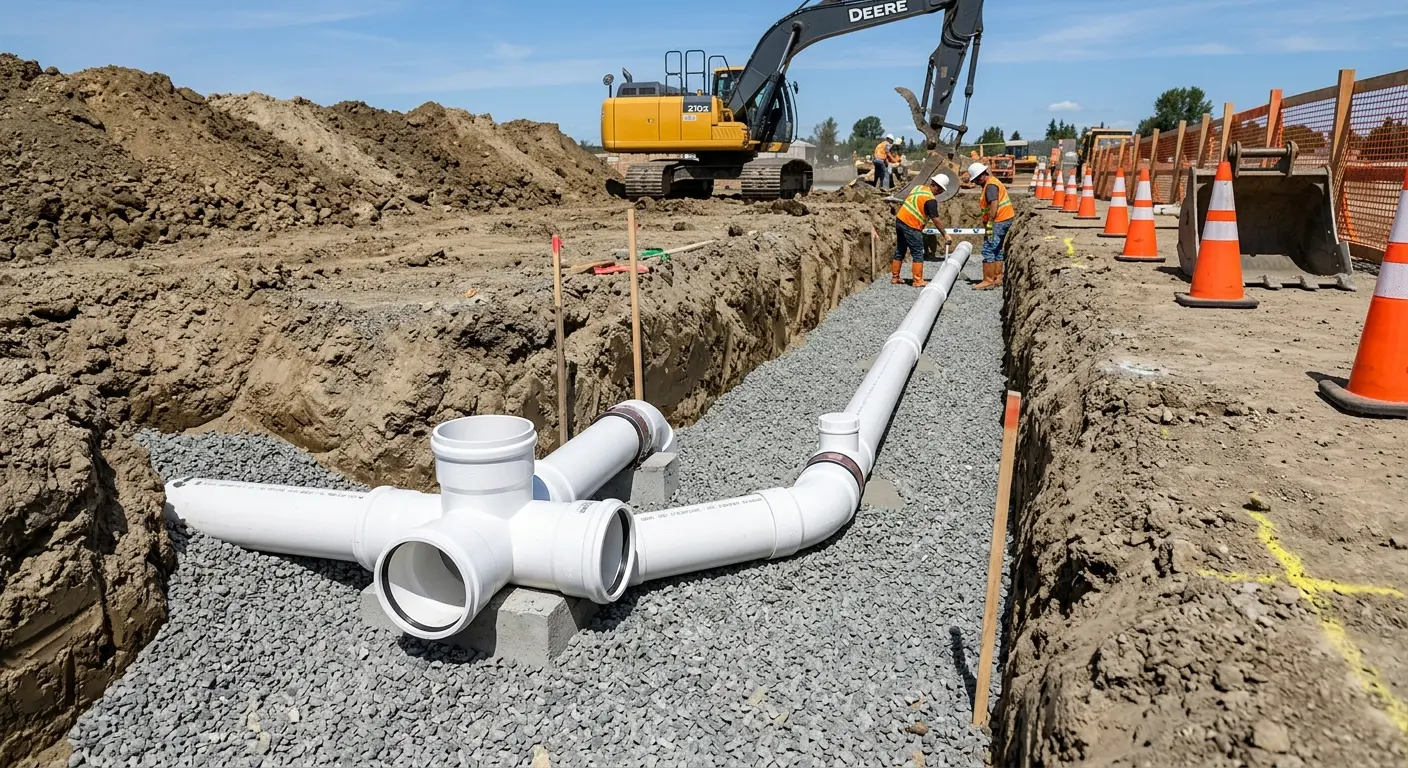 New PVC sewer pipe installation in open trench for Grease Trap Cleaning in Republic