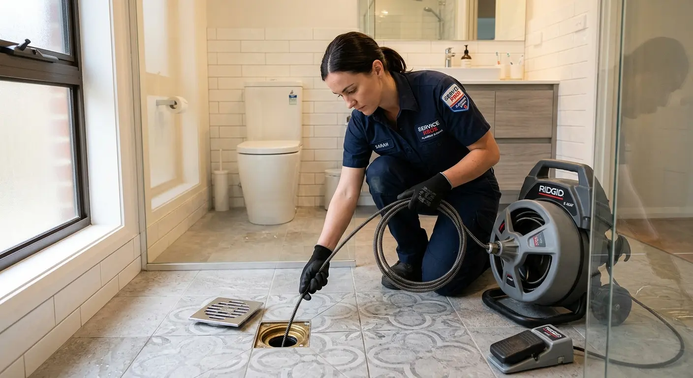 Technician clearing a bathroom floor drain for Hydro Jetting in Republic